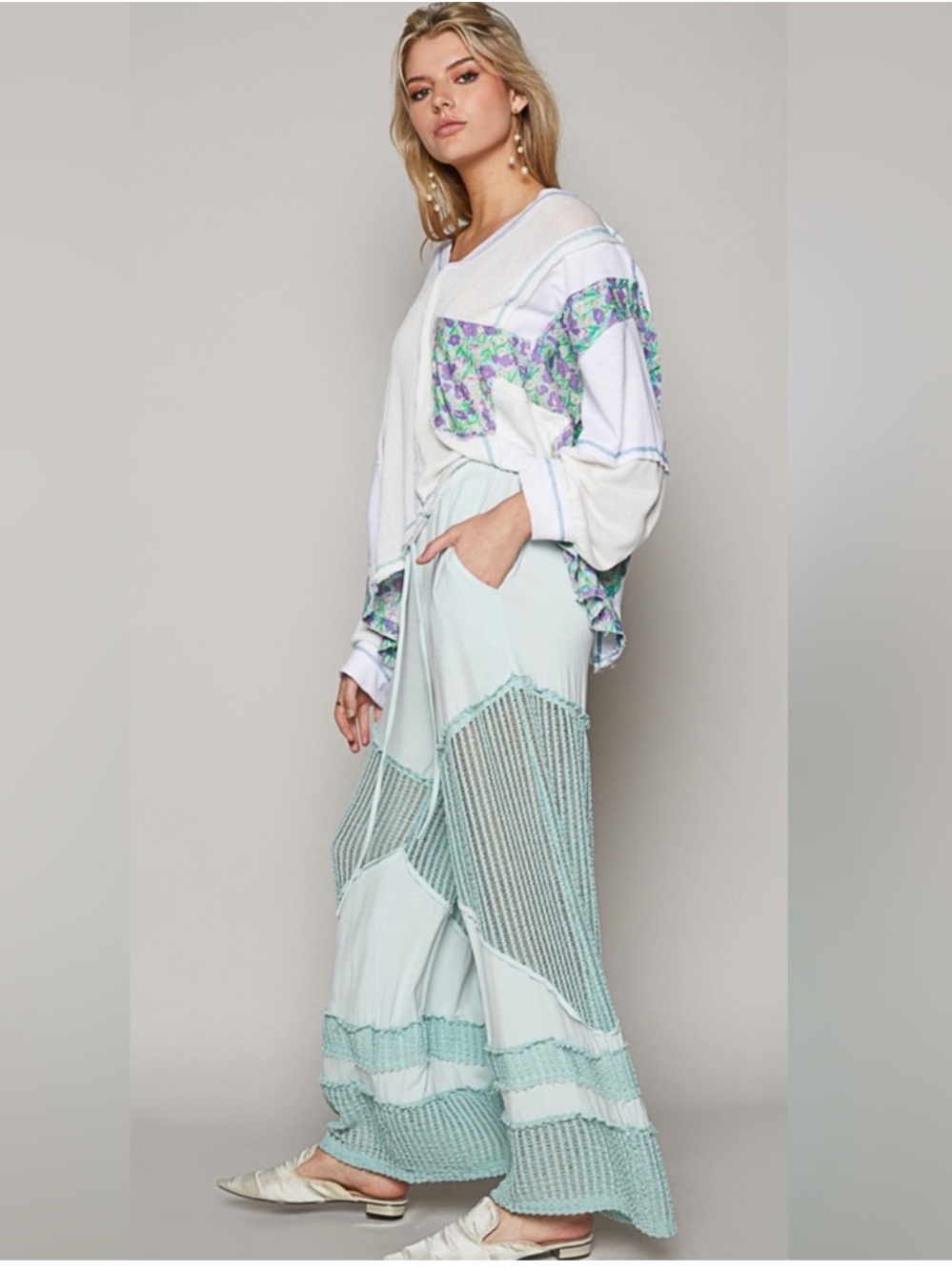 POL Light Blue Crochet-Trim Wide Leg Pants - Picture 2 of 5